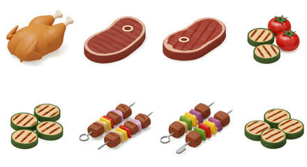 Arrangement of cooked chicken, steaks, skewers, and grilled zucchini tomato