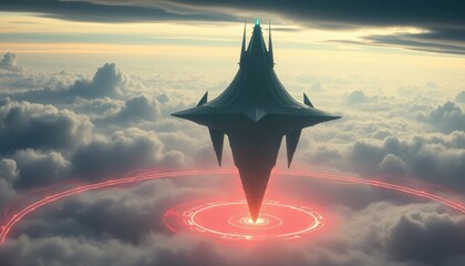 Futuristic sky castle with digital energy field above clouds