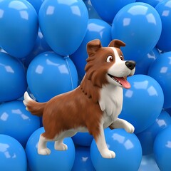 Joyful Border Collie Amidst Blue Balloons: 3D Render