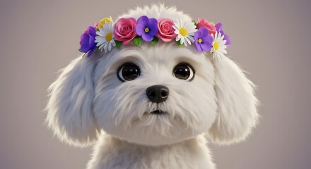 Floral Crown Maltese: 3D Rendered Puppy Portrait