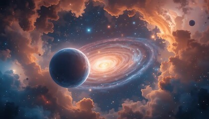 Celestial spectacle of a planet amidst a swirling galaxy and cosmic clouds in a breathtaking space scene