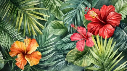 Vibrant hibiscus watercolor captivating tropical foliage in a lush garden