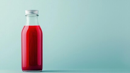 Glass bottle with a silver cap. the bottle is filled with a red liquid, which appears to be a type of juice or soda.