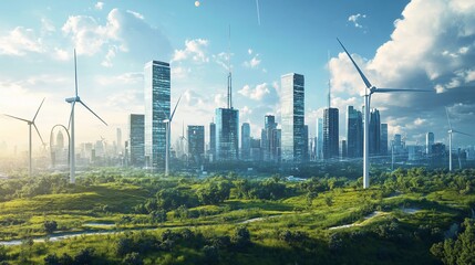 Sustainable city skyline with wind turbines and lush greenery