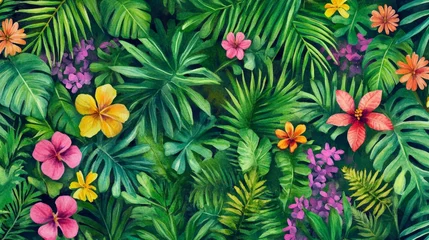 Selbstklebende Fototapeten Creating a seamless watercolor pattern of lush tropical foliage tropical paradise artistic design vibrant environment aerial view nature inspired © nikomsolftwaer