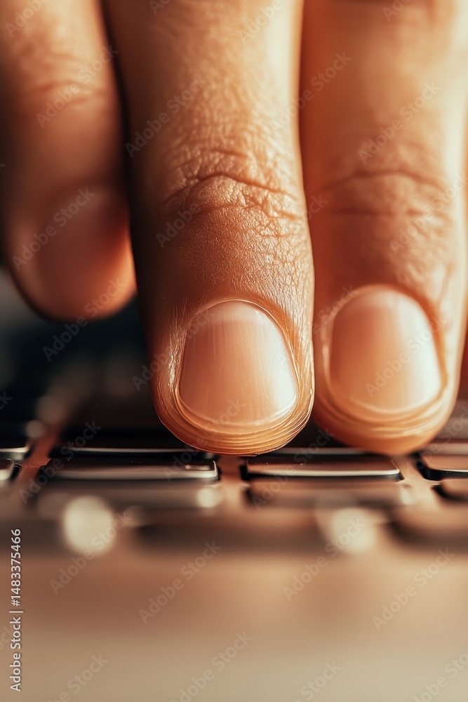 Poster finger presses key. person types on keyboard. computing device detail shows online activity. digital