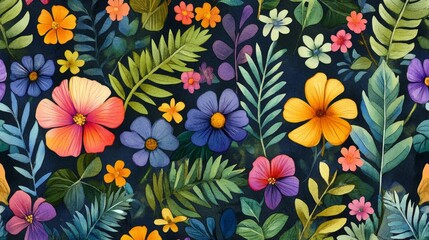 Create a seamless watercolor tropical pattern featuring ferns tropical paradise artwork lush environment bird's eye view vibrant nature concept