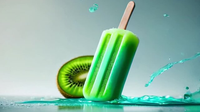 Kiwi fruit popsicle and pieces of kiwi fruit splashing into juice	