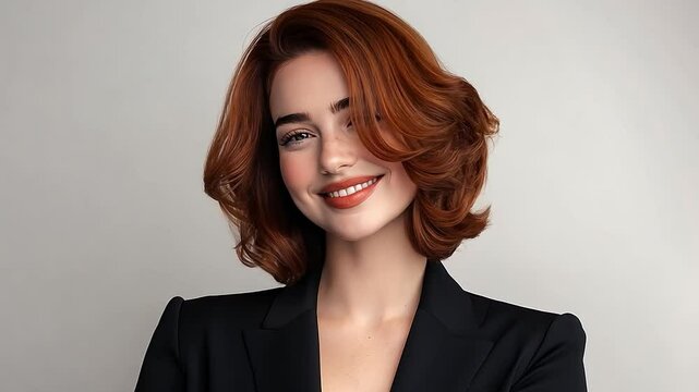 Confident young woman with stylish bob hairstyle wearing blazer posing against neutral background