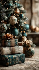 Festive decorations with wrapped gifts under a beautifully adorned Christmas tree in a cozy indoor setting