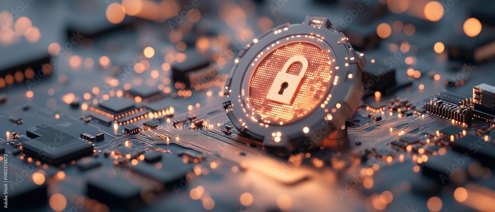 Poster illuminated padlock symbol on circuit board representing cybersecurity awareness and data protection