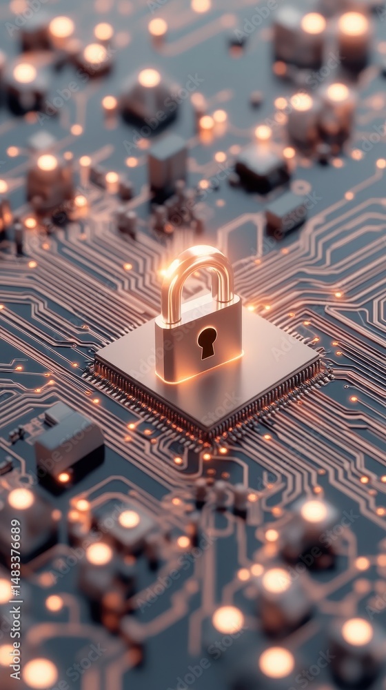 Poster padlock sits atop integrated circuit board, security system glowing. network pattern with connected 