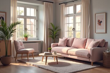 Fototapeta premium Light-filled Living Room: Pale Pink Sofa in a Calming, Neutral-toned Interior Design 