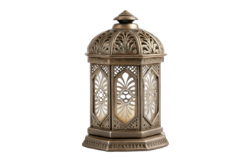 PNG Ornate brass lantern with intricate patterns against black background