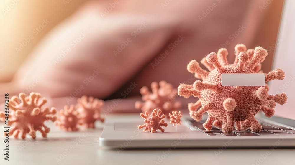 Poster pink virus models sit on a computer keyboard. represents cybersecurity awareness. computer safety an