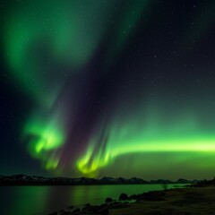 Vibrant Green Aurora Borealis over a Calm Lake at Night