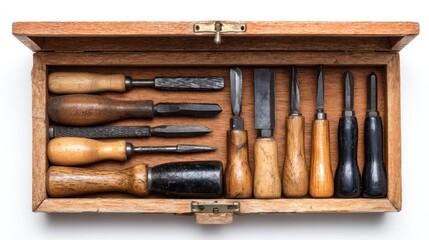 Vintage wooden carving tools in a box