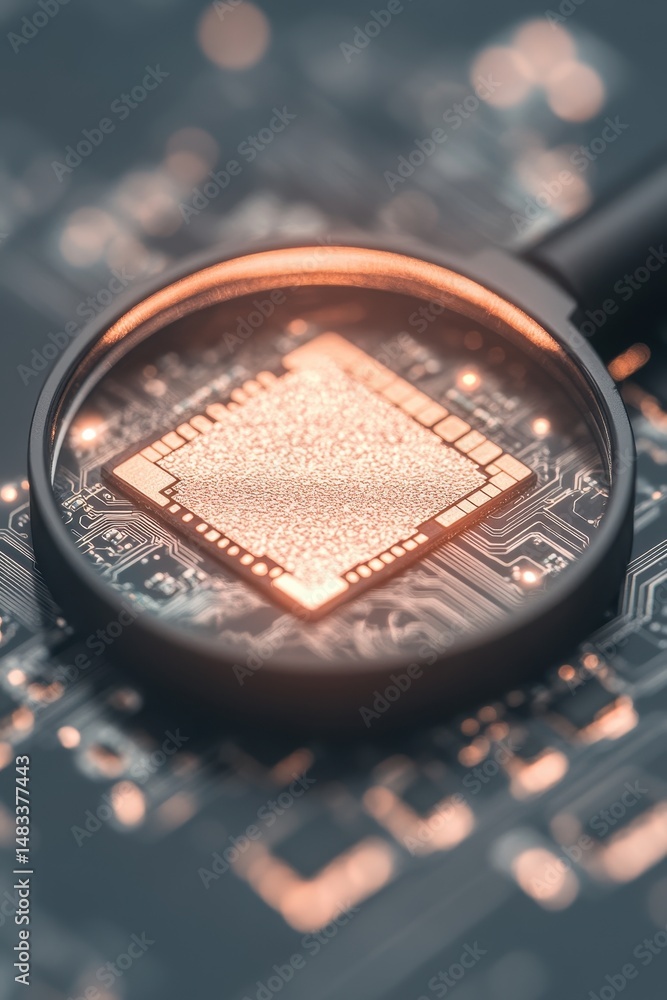 Poster magnifying glass focuses on circuit board chip for cybersecurity awareness and data protection. digi