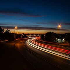 Night Highway Traffic Lights Trails at Sunset