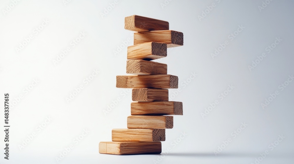 Poster tension builds as jenga tower teeters on edge indoor game challenge minimalist studio setting close-