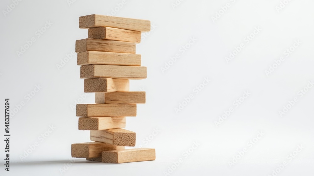 Poster tense moment jenga tower leaning in a minimalist studio setting risky game play close-up view stabil