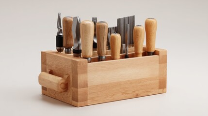 Wooden box with woodworking tools