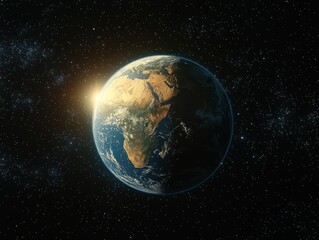 Obraz premium Sunrise illuminates half of Earth, showcasing continents and oceans against the backdrop of a star-studded cosmos