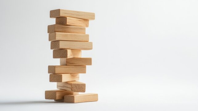 Tense moment jenga tower leaning in a minimalist studio setting risky game play close-up view stability challenge