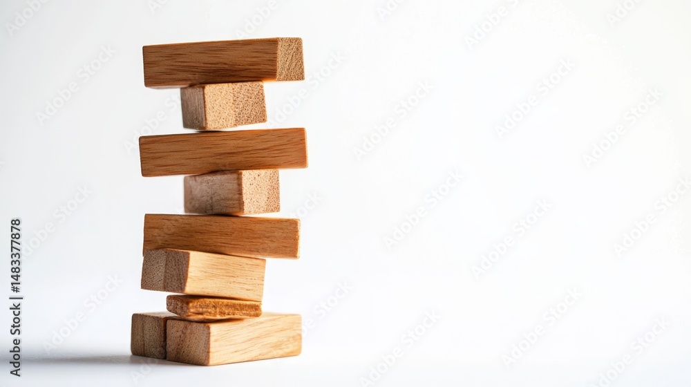Poster jenga tower teetering on the edge indoor game setting action shot close-up view tension and balance 