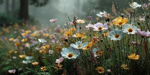 Beautiful blooming flowers in a misty forest showcasing vibrant colors during early morning sunlight