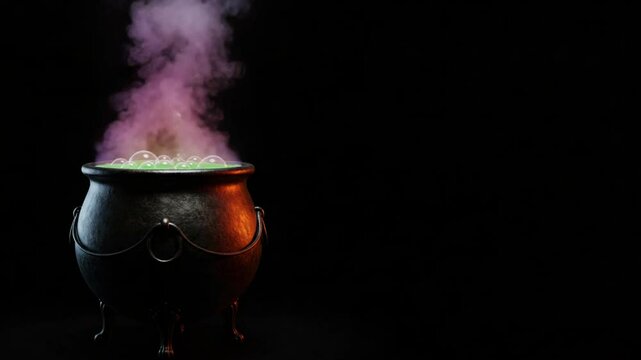 Bubbling cauldron with green liquid and purple smoke on dark background