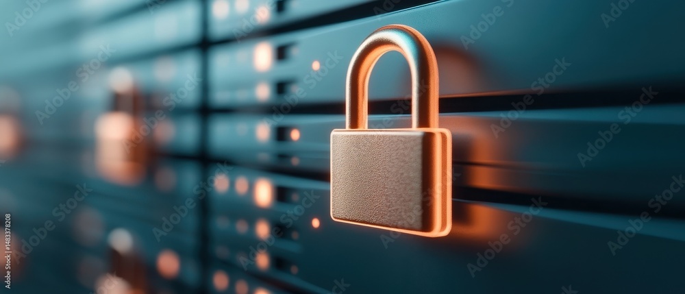 Poster padlock secures server racks. computer data protection. cybersecurity awareness concept. internet sa