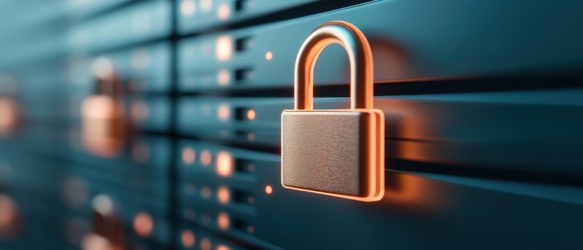 Padlock Secures Server Racks. Computer Data Protection. Cybersecurity Awareness Concept. Internet Safety. Digital Security. Network Defense. Locked Gate. Protected Access.