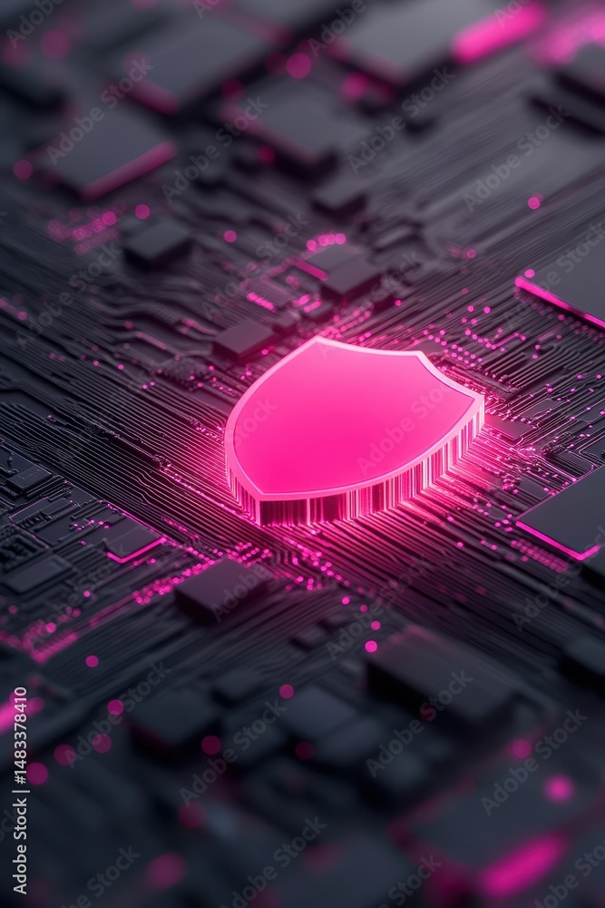 Aufkleber glowing pink shield on circuit board. data protection for cybersecurity awareness. network security 