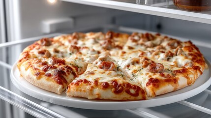 Thin pizza with half slices of pepperoni sits in the bottom shelf of an empty refrigerator surrounded by frozen food