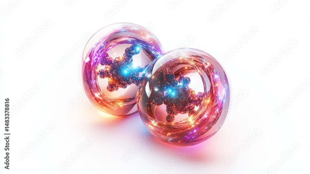 Poster two translucent spheres, glowing with intricate inner structures.