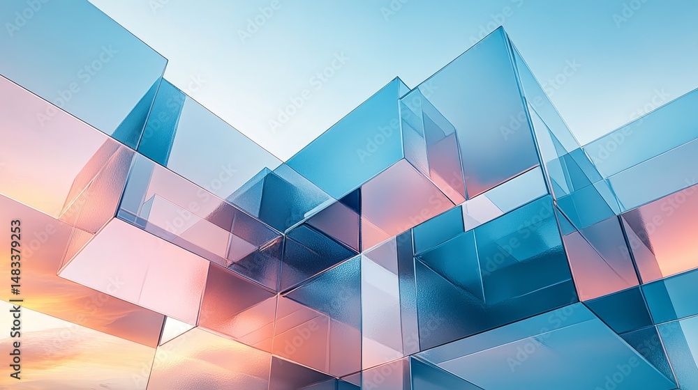 Poster abstract architectural design with transparent blocks.