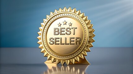 Gold Best Seller award emblem against a reflective surface and blue background