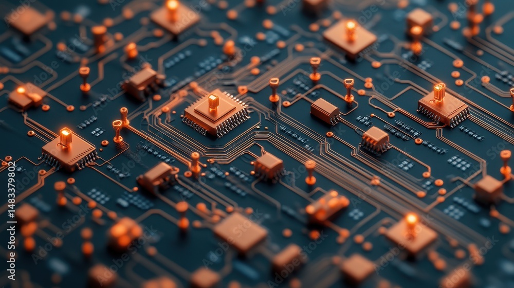 Poster detailed circuit board pattern. computer chips connecting with lines. high tech background. cybersec
