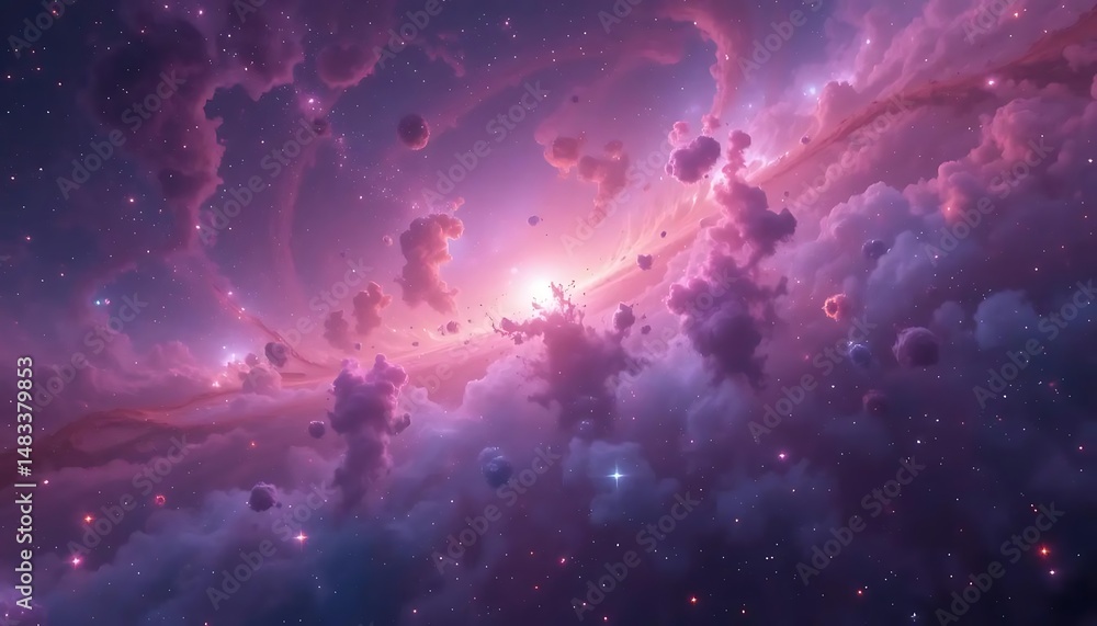 Poster ethereal cosmic cloudscape with nebula and stars in deep space, creating a vibrant celestial atmosph