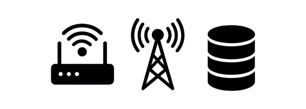 Wireless router, communication tower, database icons in black and white vector icon isolated