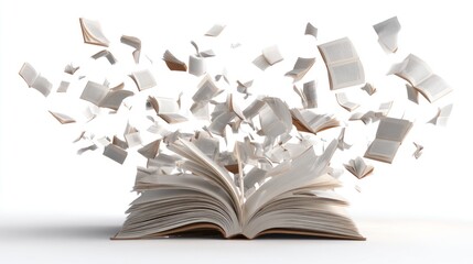 Open book with pages flying in the air