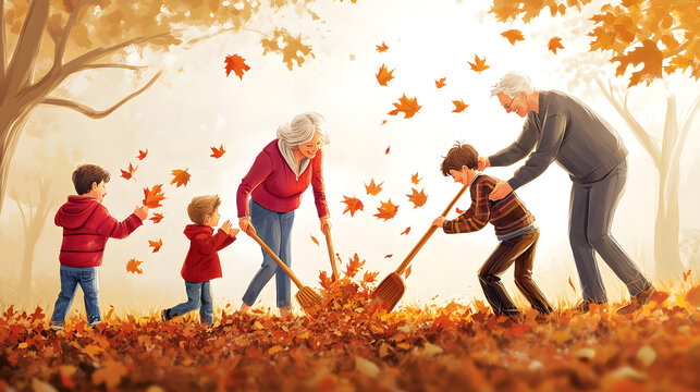 family raking autumn leaves together, laughter and play, grandparents throwing leaves with kids, crayon-style