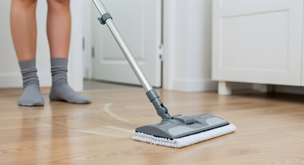 Close Up Person Mopping Wooden Floor With Gray and White Mop in a Bright Room
