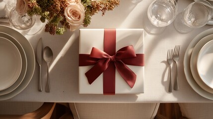A beautifully wrapped gift box with a red ribbon sits on a dining table. Surrounding it are elegant plates, cutlery, and a floral centerpiece.