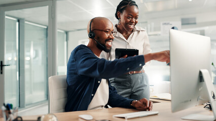 Call center, manager and happy with helping on computer for customer service training, online advice or coaching. Black people, intern or employee with assistance for technical support and new system