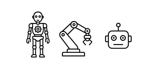 Robotic designs: humanoid, mechanical arm, robot head on white vector icon isolated