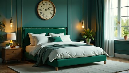 Naklejka premium Elegant Teal Bedroom: A Cozy Scene with Bed, Bedding, Accents, and Natural Light for Tranquil Ambiance 