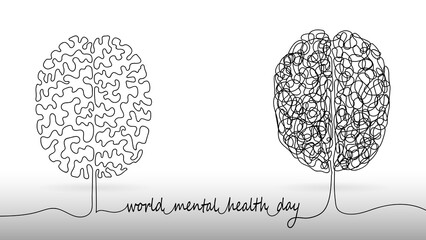 World Mental Health Day vector art. A creative line art brain and chaotic scribble brain on a white background. Symbolizing mental health struggles and clarity.