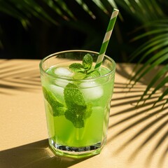 Fototapeta premium Refreshing Green Mint Cocktail with Ice in Glass